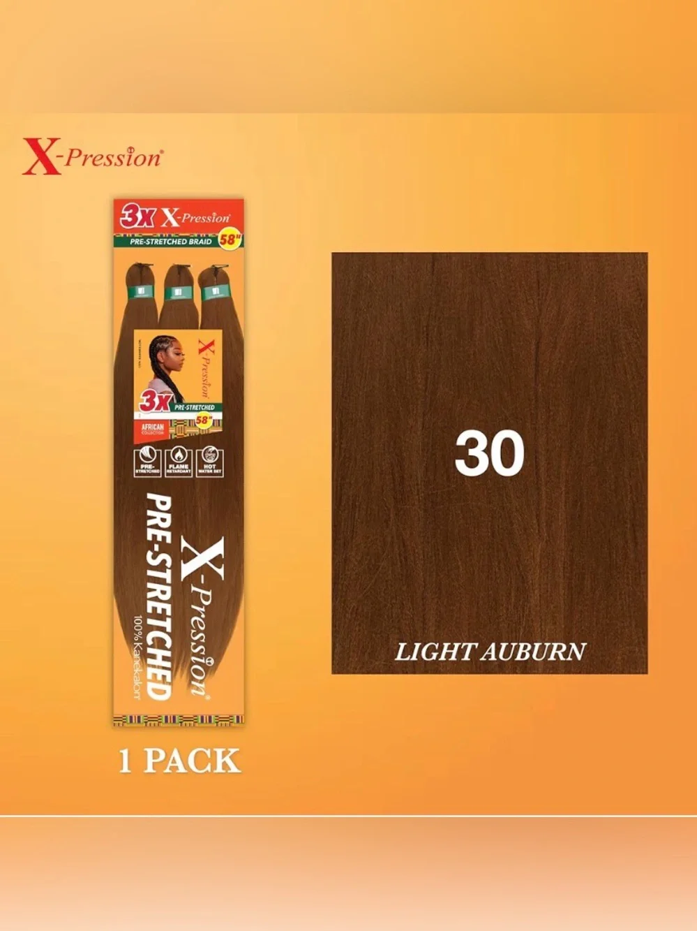 X-Pression Pre-Stretched Braiding Hair - Light Auburn (30), 58 inch